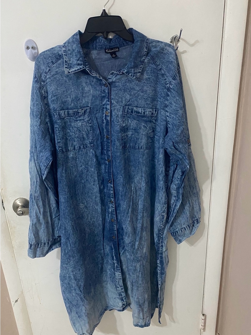 Tie-Dye Washed Denim Shirt Dress - Blue